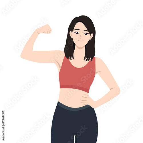 Sporty asian woman workout showing strong arm muscle and flexing biceps. Flat vector illustration isolated on white background