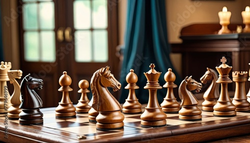 A close-up view of a chessboard with wooden pieces strategically placed, ready for an intellectual battle in a classical game setting. AI Generation
