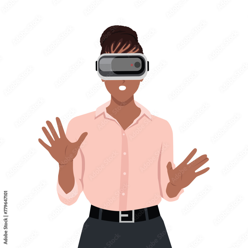 Young black woman wearing 3d glasses playing with virtual reality touching air with fingers. Flat vector illustration isolated on white background Young black woman wearing 3d glasses playing with virtual reality touching air with fingers. Flat vector illustration isolated on white background