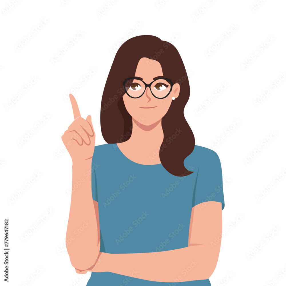 Young beautiful woman pointing to copy space while thinking of idea. Flat vector illustration isolated on white background Young beautiful woman pointing to copy space while thinking of idea. Flat vector illustration isolated on white background