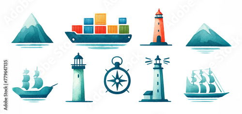 Set of watercolor nautical icons including ships, lighthouses, and navigation tools, ideal for World Maritime Day and travel-themed designs