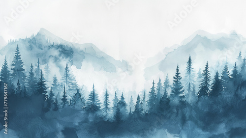 A painting of a forest with mountains in the background