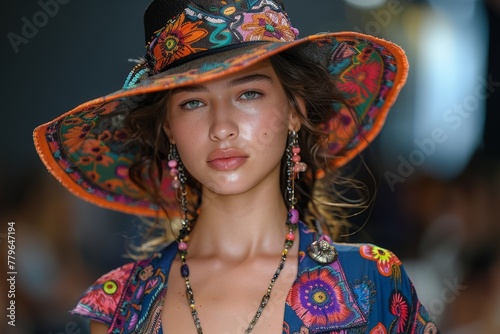 Fashion-forward woman with blue eyes wears a vibrant floral hat and colorful attire