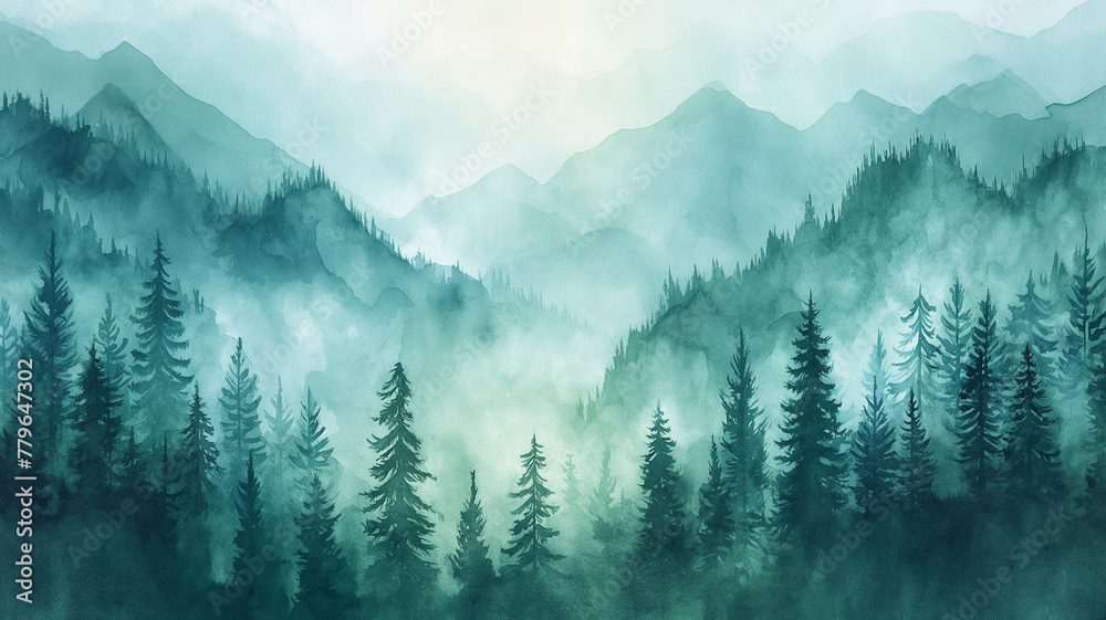 A painting of a forest with mountains in the background