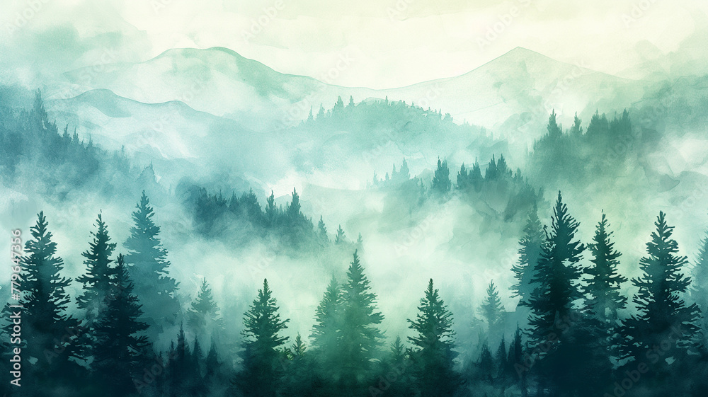 A painting of a forest with trees and mountains in the background