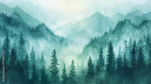 A painting of a forest with mountains in the background © CtrlN