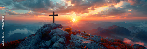 Crucifix at the Top of a Mountain with Sunlight, Shining cross on Calvary hill Golgotha blue sky sunset Cross is a symbol of faith and love Grave on the mountain sunrise 