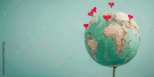 A globe with hearts on it. The globe is green and has a blue background. The hearts are scattered all over the globe, some are closer to the center and others are further away