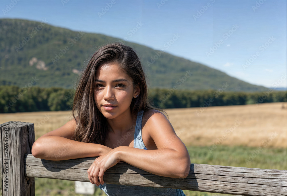 Fototapeta premium Portrait of a Young Female Farmer in Overalls by a Farm Fence