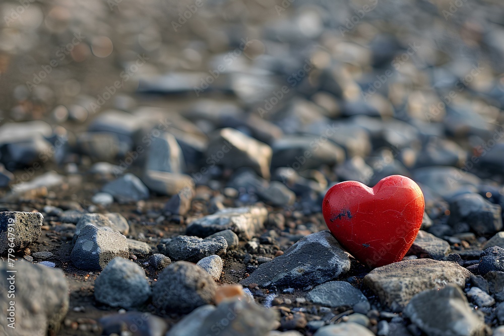 Obraz premium A red heart sitting on top of a pile of rocks