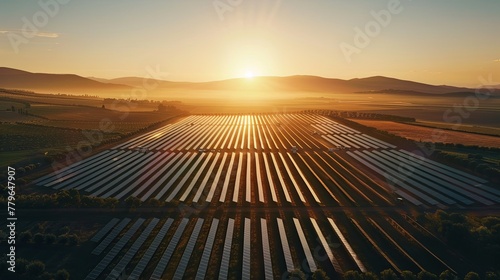 Aerial view of a vast solar farm catching the first light of sunrise rows of photovoltaic panels shining