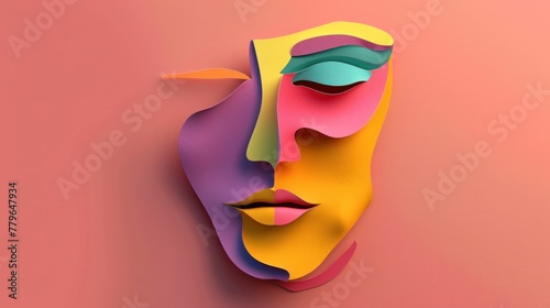 Vibrant paper cutout of female face with closed eyes on pink background for creative design concept