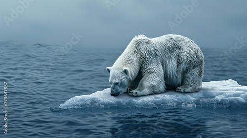 Close-up photo capturing a solitary polar bear stranded on a small melting piece of ice in the Arctic