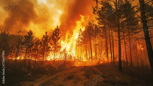 Dynamic image of a wildfire raging through a forest exacerbated by dry conditions and extreme heat photo