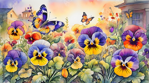 colorful pansy flowers in the garden and bright butterflies painted with wate...