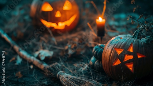 broom and halloween jack o lantern and pentagram star pumpkin on the ground. photo