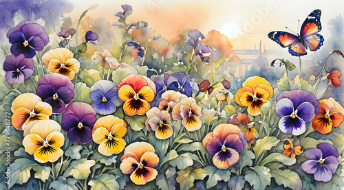 colorful pansy flowers in the garden and bright butterflies painted with wate...