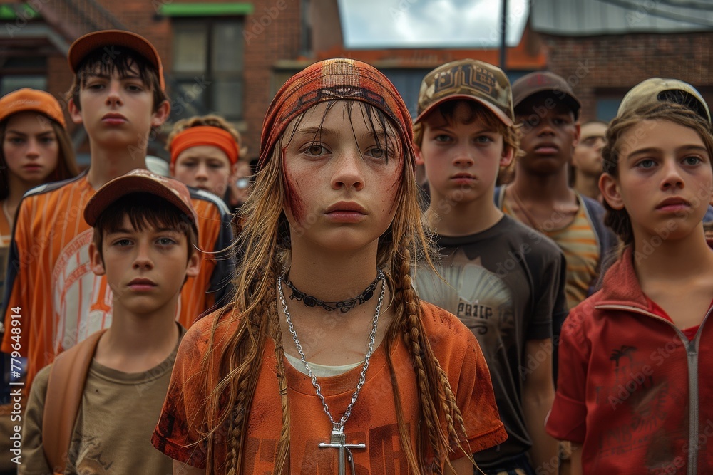A group of kids with serious expressions in casual clothing, depicting a scene of shared concern or anticipation A group of kids with serious expressions in casual clothing, depicting a scene of shared concern or anticipation