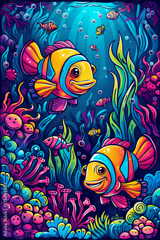 Bright yellow fish swim in the depths of the ocean among the colorful corals. World Ocean Day. Children's book cover.