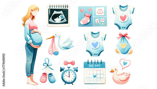 Illustration collection featuring a pregnant woman and assorted baby-related items, ideal for Mother's Day promotions or maternity themes