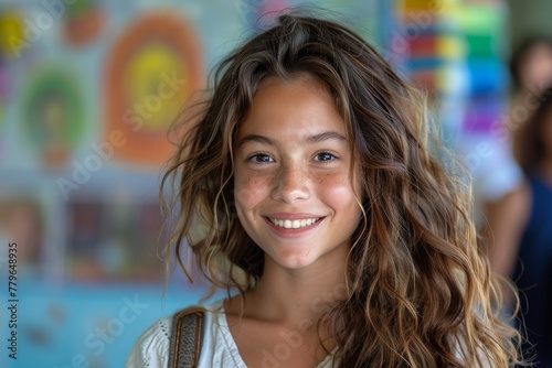 An attractive girl with natural wavy hair and a beautiful smile enjoying her time in a school setting