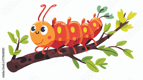 Funny cartoon caterpillar runs on a tree branch flat vector