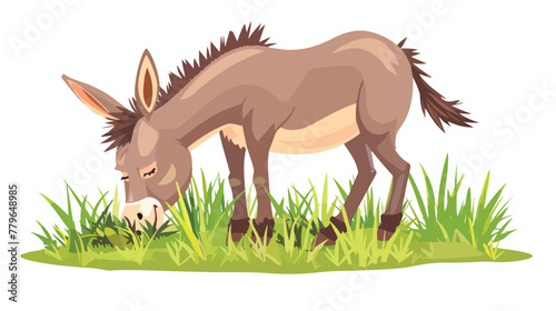 Funny cartoon donkey eating grass flat vector isolated