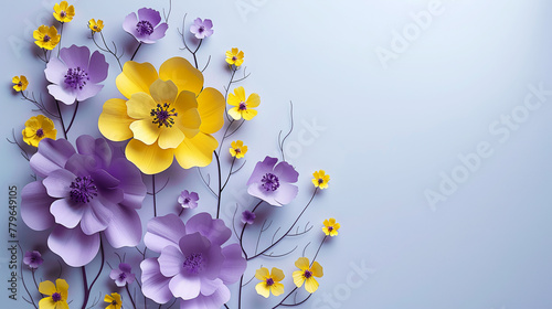 Paper cut beautiful yellow and lilac spring flowers on a light background. Postcard design. Floral banner. Copy space.