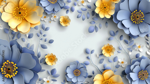 Frame made of paper cut beautiful yellow and blue anemones on a light background. Postcard design. Template. Copy space.