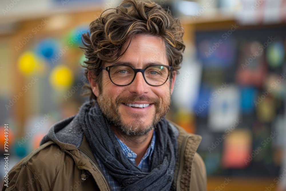 Fototapeta premium Charismatic man with tousled hair sporting glasses and a genial smile