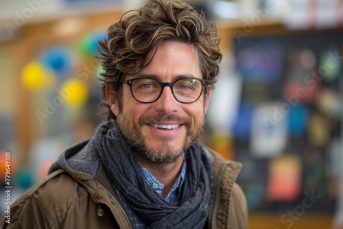 Charismatic man with tousled hair sporting glasses and a genial smile