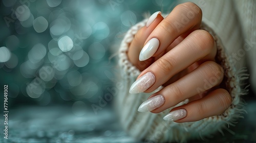Close-up of female hands with beautiful manicure on nails. Copy space