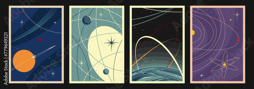 Retro Future Style Space Posters Template Set. Cosmic Backgrounds, Planets, Stars, Orbits. Mid Century Modern Style Graphic
