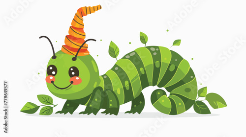 Funny green caterpillar in a paper hat leaves vector flat