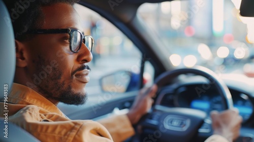 Black Man Driving Car on City Street