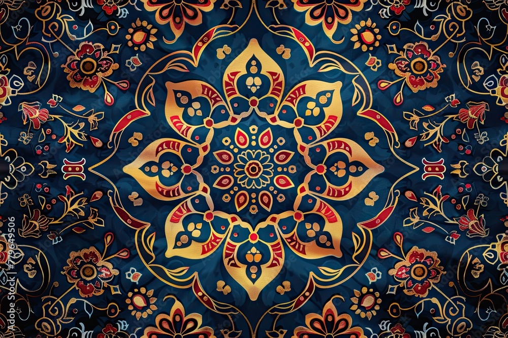 A blue and gold floral patterned rug with a gold flower in the center. The flower is surrounded by a circle of smaller flowers A blue and gold floral patterned rug with a gold flower in the center. The flower is surrounded by a circle of smaller flowers