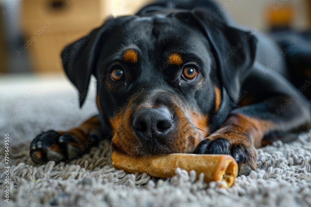 Rottweiler is chewing on dried beef tendon while beloved black dog chews on beef backstrap on the carpet Rottweiler is chewing on dried beef tendon while beloved black dog chews on beef backstrap on the carpet