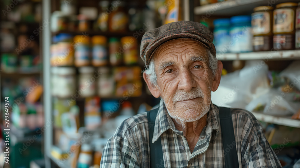 Elderly shopkeeper wearing a flat cap smiles warmly in front of his store’s shelves stocked with various goods. Elderly shopkeeper wearing a flat cap smiles warmly in front of his store’s shelves stocked with various goods.