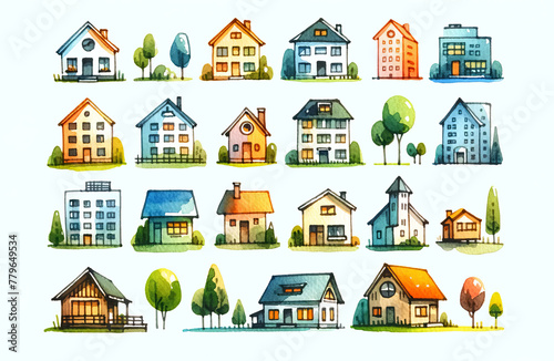 Colorful watercolor illustration of diverse residential houses, ideal for real estate concepts and community-themed designs, perfect for Housewarming and Neighbors Day promotions