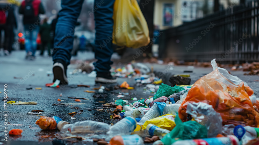 City street after an event, littered with various kinds of garbage ...