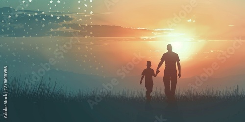 A man and a child are walking together in a field at sunset. The sky is filled with stars, creating a peaceful and serene atmosphere. Concept of togetherness and love between the father and son