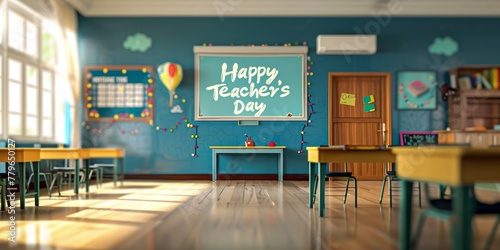 A classroom with a large board that says Happy Teacher's Day. The room is empty and has a lot of chairs and desks