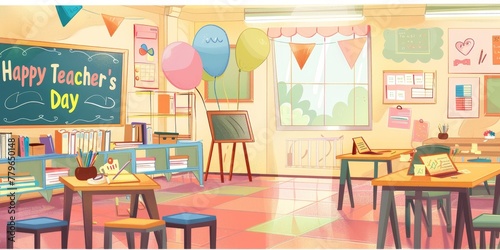 A classroom with a chalkboard and balloons for Happy Teacher's Day. The room is filled with chairs and tables, and there are books scattered around. The atmosphere is cheerful and welcoming