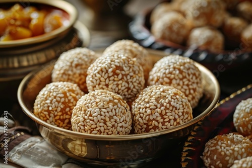 Sesame jaggery balls served for Makar Sankranti Festival in India photo
