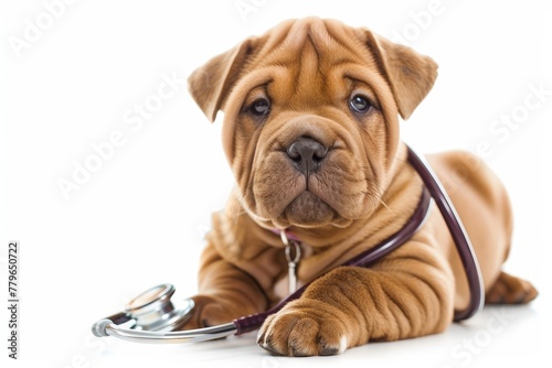 Sharpei puppy with stethoscope white background photo