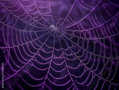 A spider web with purple and blue colors. The web is very intricate and has a lot of detail