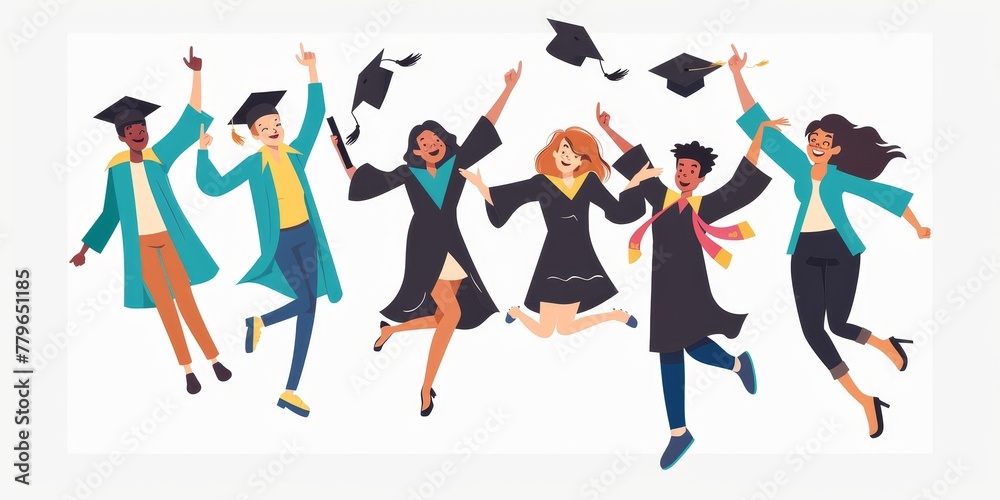 A group of people are celebrating their graduation. They are all wearing graduation gowns and are jumping in the air. Scene is joyful and celebratory