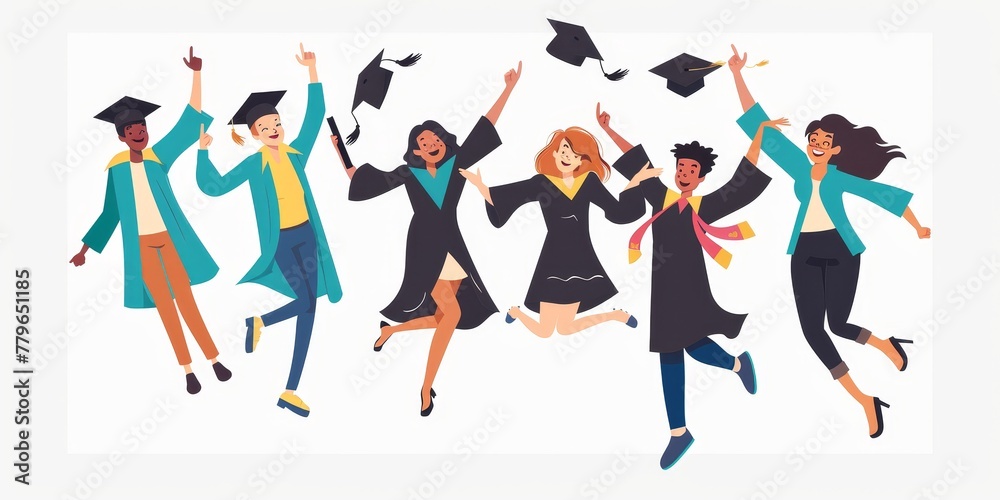 A group of people are celebrating their graduation. They are all wearing graduation gowns and are jumping in the air. Scene is joyful and celebratory A group of people are celebrating their graduation. They are all wearing graduation gowns and are jumping in the air. Scene is joyful and celebratory