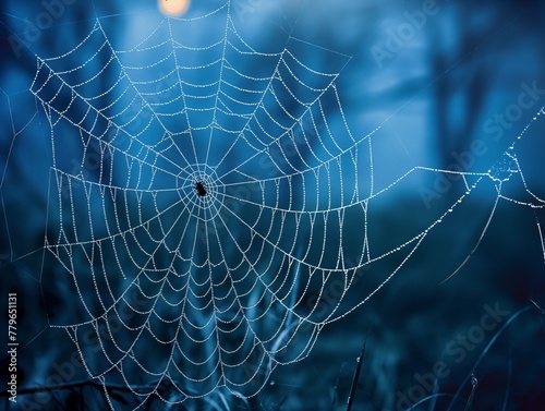 A spider web is shown in a blue sky. The spider web is very large and has a lot of detail