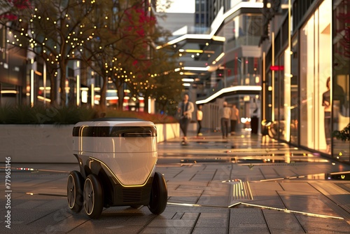 Robot navigating sidewalk with wheels rolling on asphalt in city, delivery concept